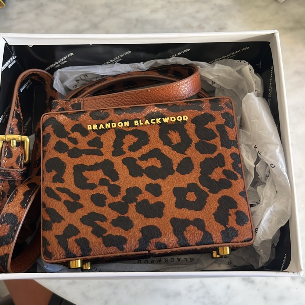 Authentic Brandon Blackwood mini Kendrick trunk leopard gold hardware